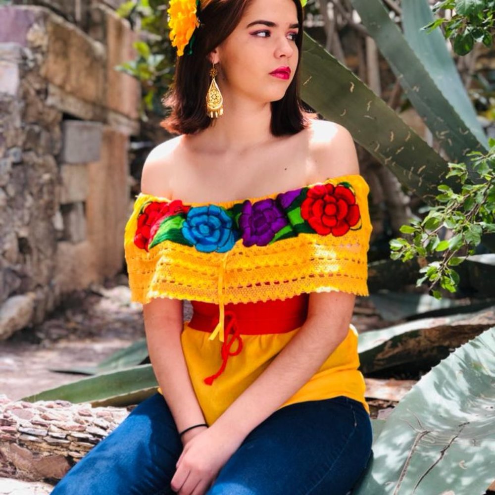 Campesina Blouse With Embroidered Flowers (Small) -  Yellow